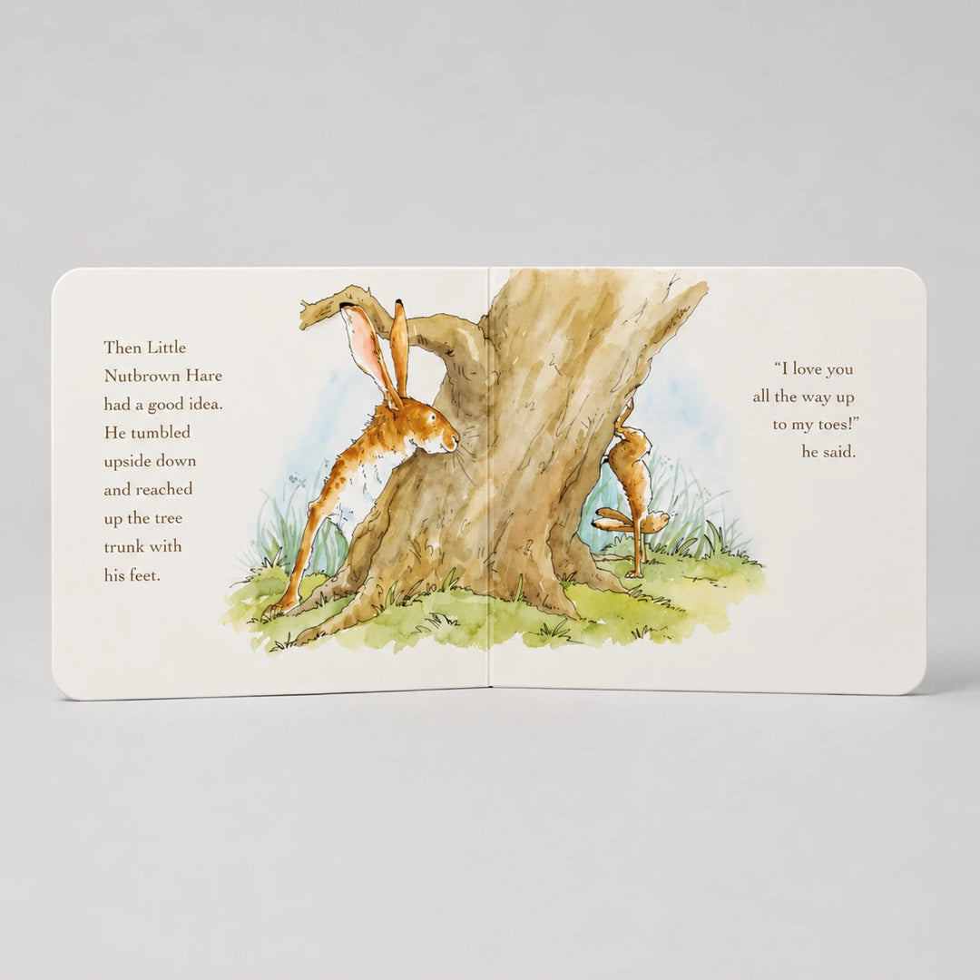 Illustrated book page with a rabbit and carrot near a tree, on a light gray background