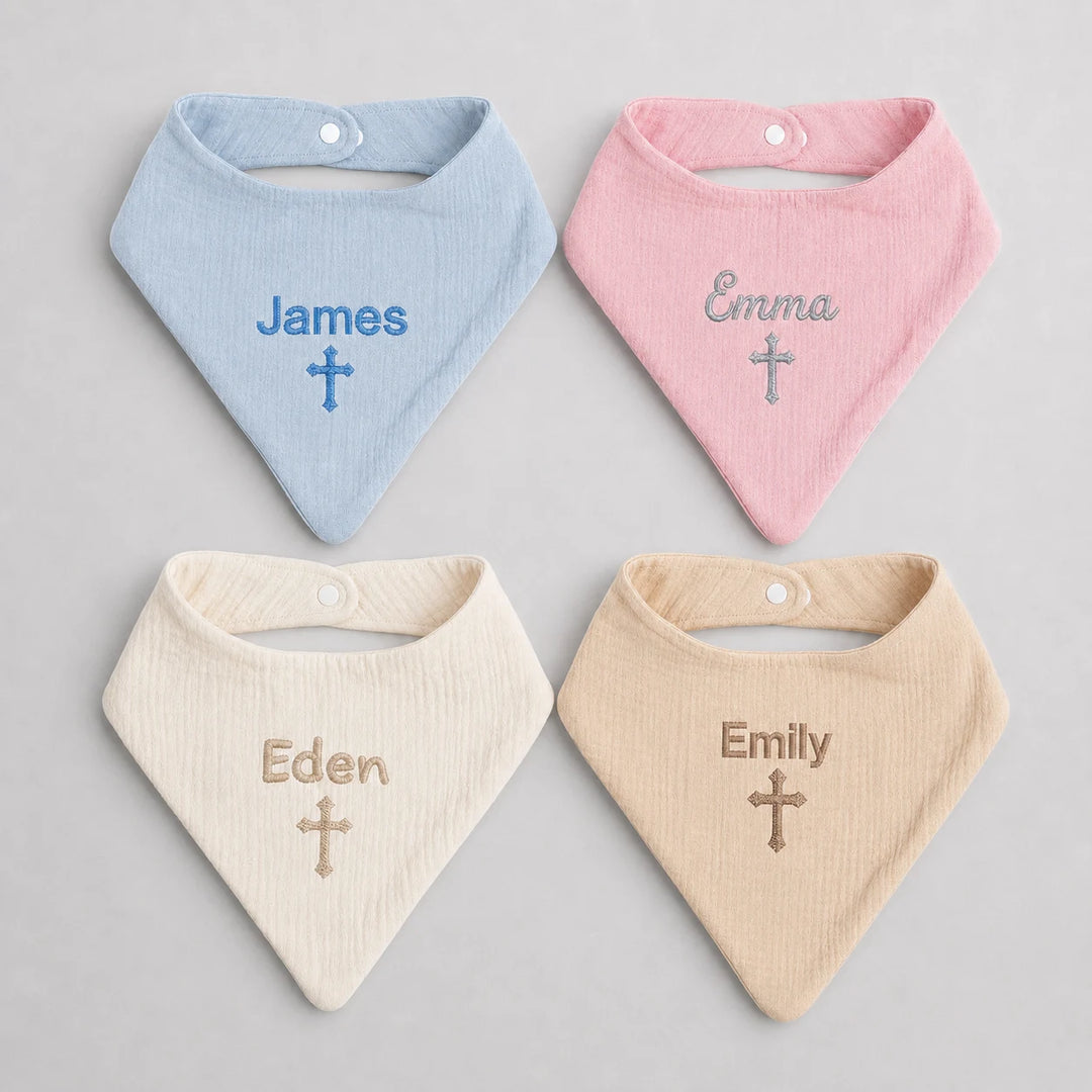 Personalised Christian baby bib set in blue, pink, cream and beige with embroidered names and crosses