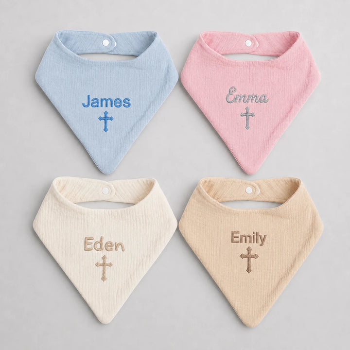 Personalised Christian baby bib set in blue, pink, cream and beige with embroidered names and crosses