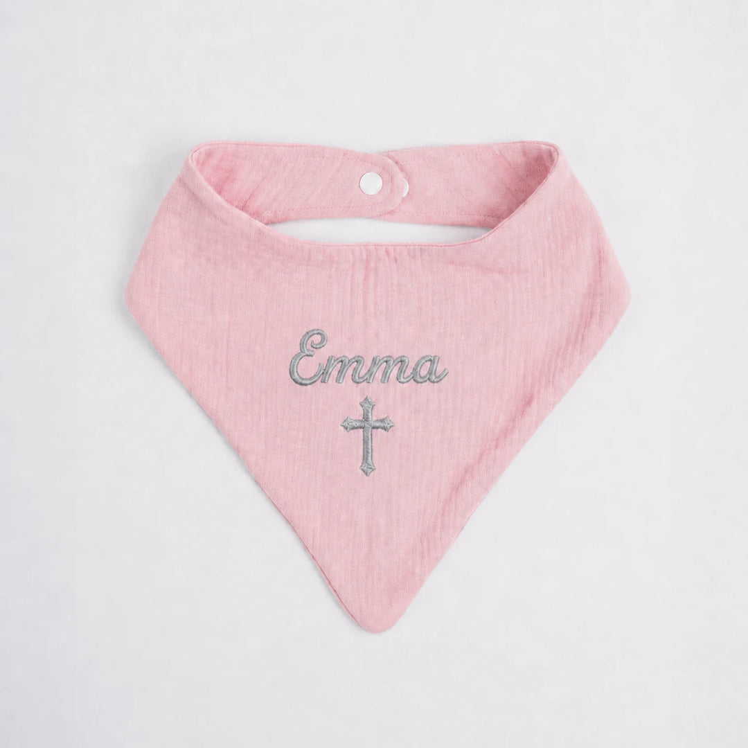 Personalised pink Christian baby bib with embroidered name Emma and cross