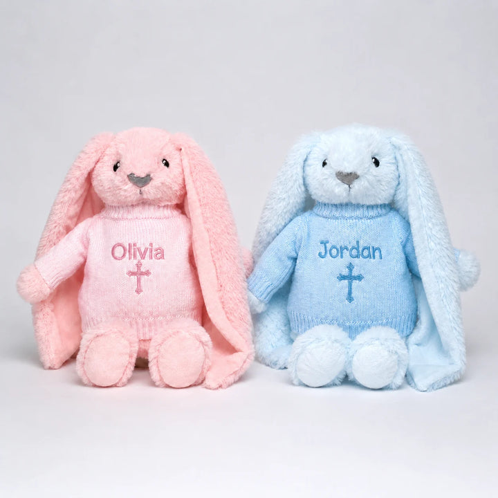 Personalised Christian bunny gift set in pink and blue with embroidered names Olivia and Jordan and crosses