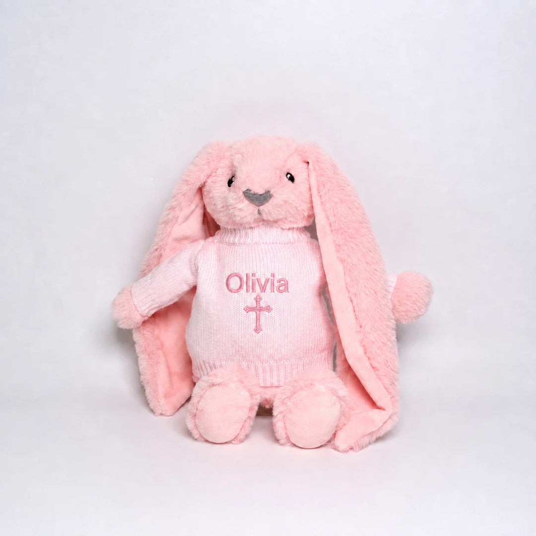 Personalised pink Christian bunny with embroidered name Olivia and cross on knitted jumper