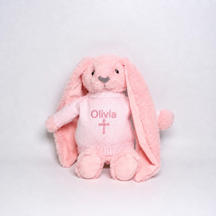 Personalised pink Christian bunny with embroidered name Olivia and cross on knitted jumper