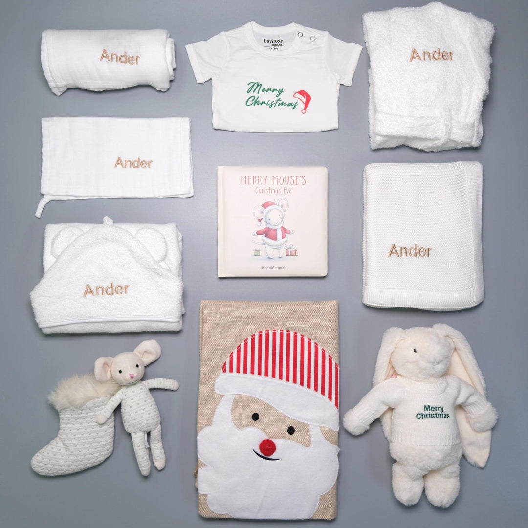 Christmas Themed Gift Set all in White with 10 products - Swaddle, Wash Cloth, Hooded Towel, Christmas Edition Babygrow, Bathrobe, Bamboo Cellular Blanket, Twinkle Bunny, Merry Mouse Book, Shimmer Mouse Stocking and Santa Sack