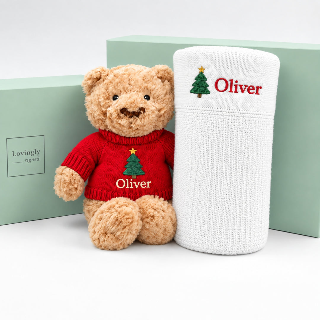 Products: Christmas Tree Baby Gift Set | Personalised Bear and Blanket
