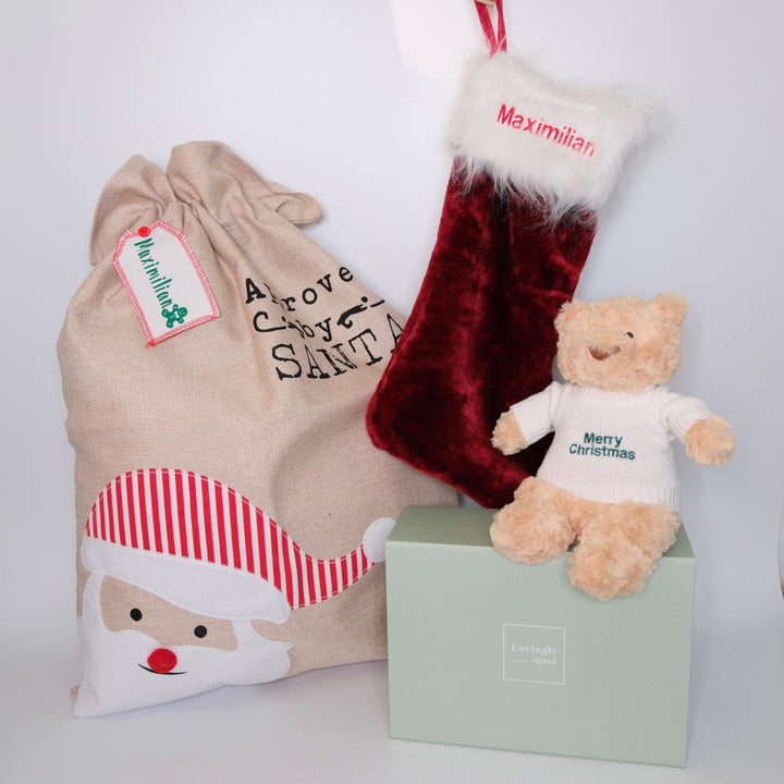 Magical Christmas gift set consisting of 3 products - santa jute sack, red stocking and christmas bear