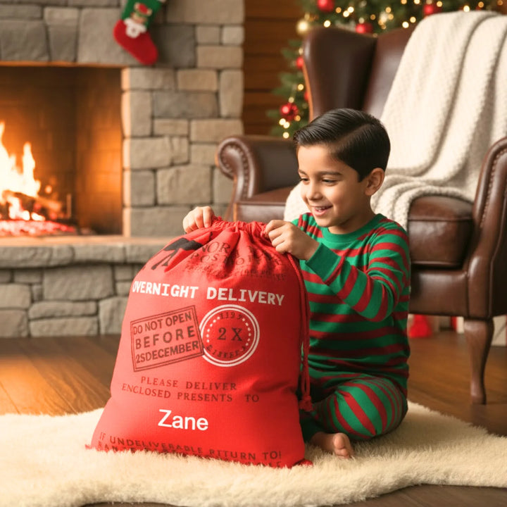 Child opening a red Christmas sack with festive decorations and a fireplace in the background