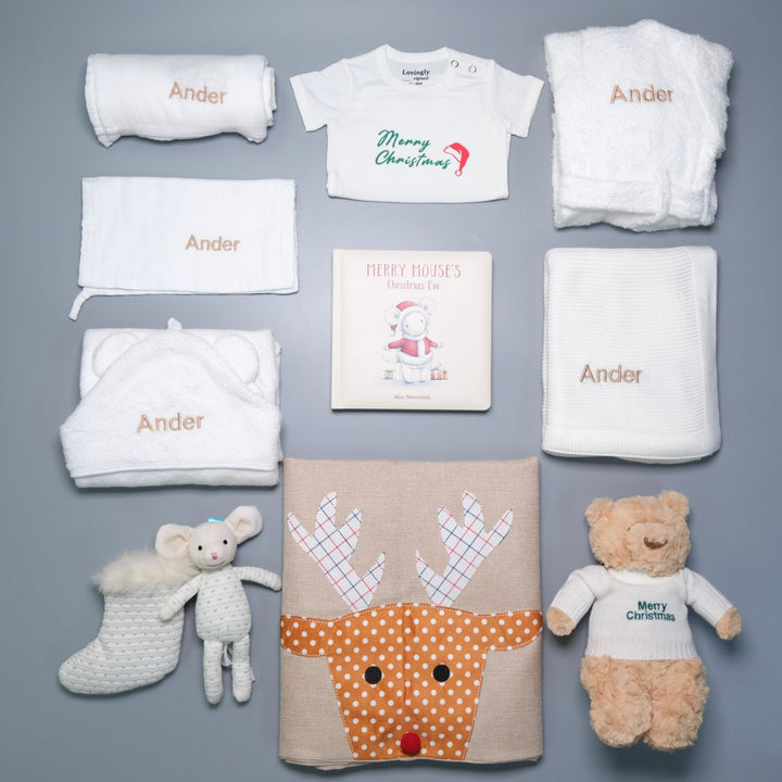 Christmas Themed Gift Set all in White with 10 products - Swaddle, Wash Cloth, Hooded Towel, Christmas Edition Babygrow, Bathrobe, Bamboo Cellular Blanket, Hugsy Teddy, Merry Mouse Book, Shimmer Mouse Stocking and Reindeer Sack