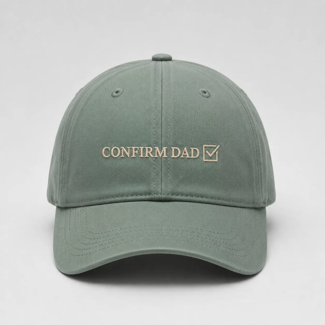 Green cap with 'CONFIRM DAD' text on a light gray background