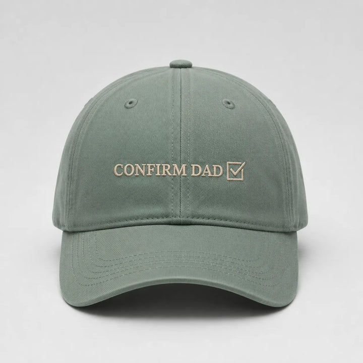 Green cap with 'CONFIRM DAD' text on a light gray background