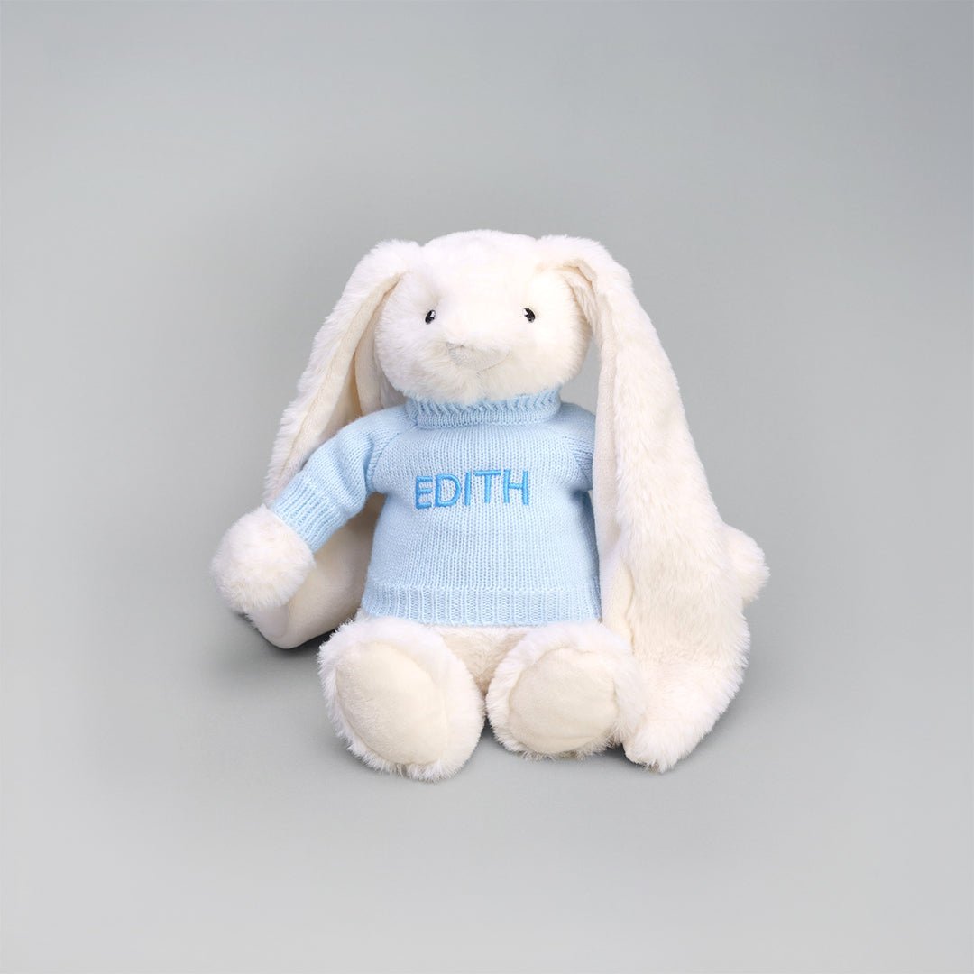 Personalised Twinkle Bunny in Blue Jumper with "Edith" in Blue Thread