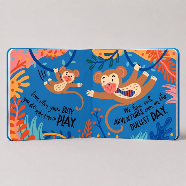 Colorful product with monkey design and motivational text on a blue background