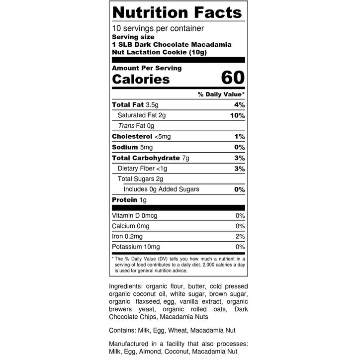Nutrition label for Singapore Lactation Bakes Dark Chocolate Macadamia Nut Cookies