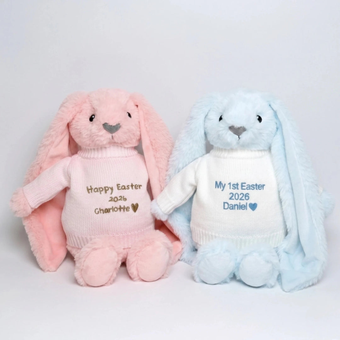 Unisex Baby Gifts: Personalised Easter Gift | Bunny Plushie with Custom Name Jumper
