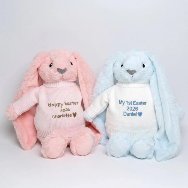 Personalised Easter bunny soft toy with embroidered name on jumper