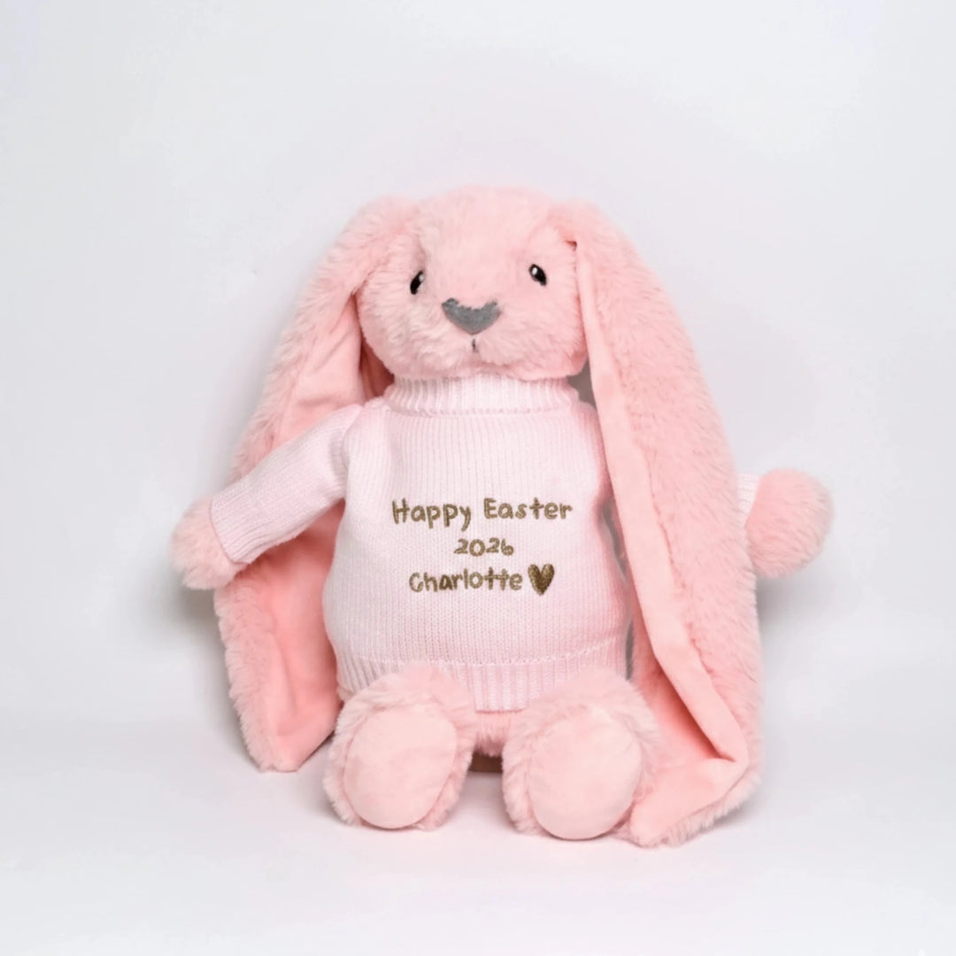 Happy Easter 2026 bunny plush with custom embroidered jumper