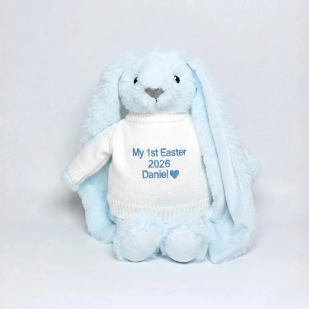 Baby’s first Easter bunny soft toy with customised name