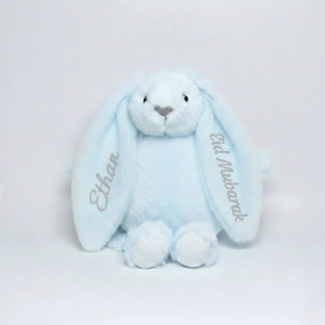 Soft cuddly bunny plushie for Eid celebrations with custom embroidery.