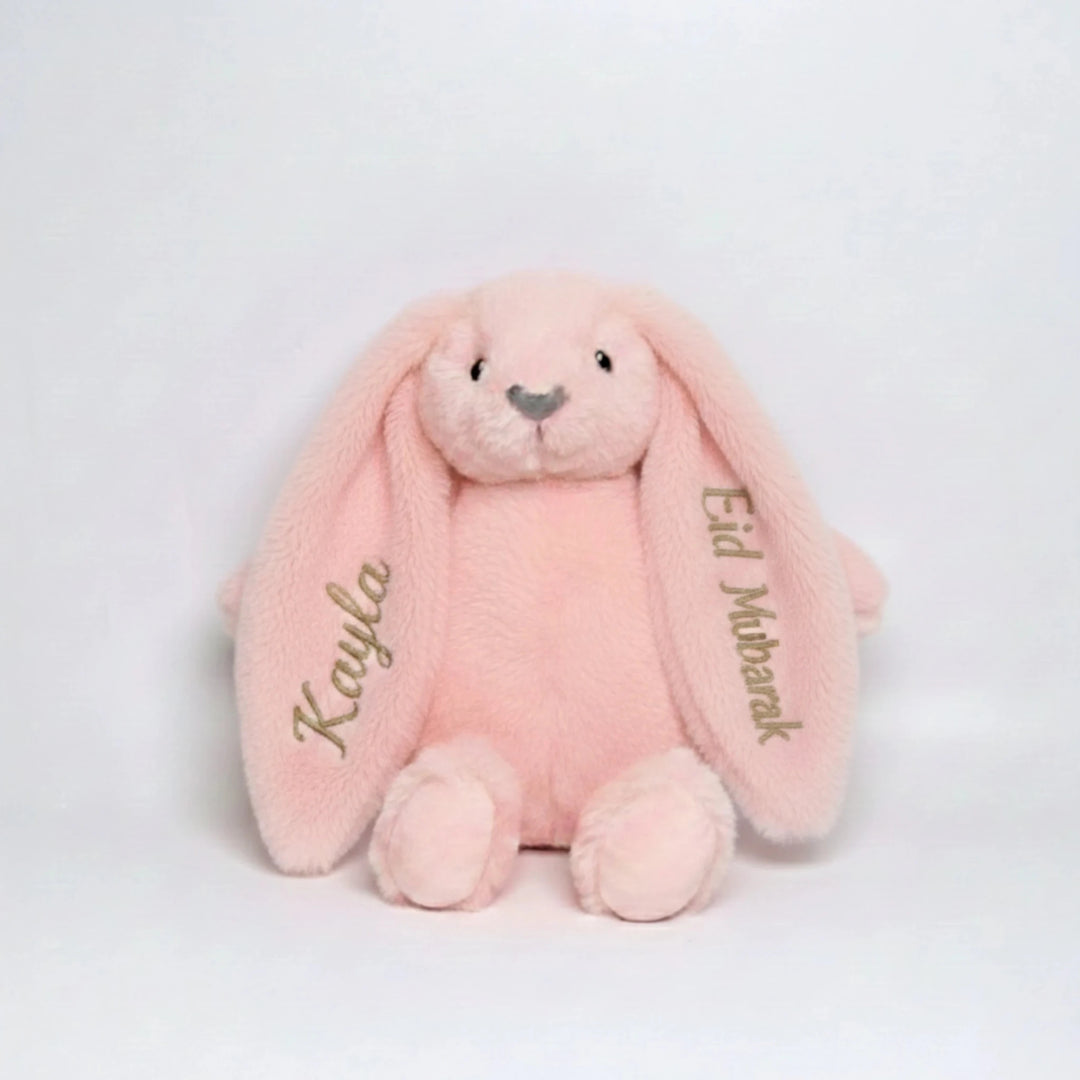 Baby-friendly soft toy bunny with customised Eid message for gifting.