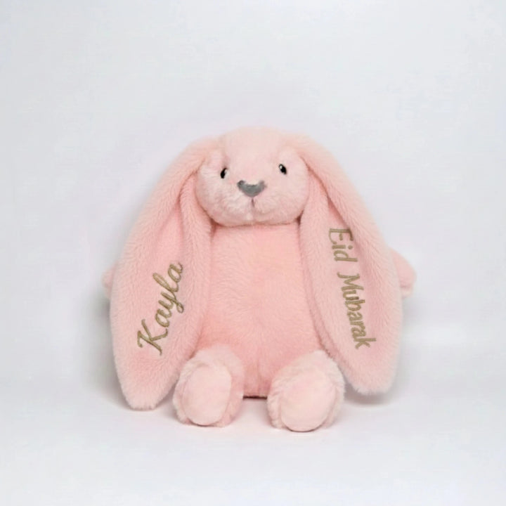 Baby-friendly soft toy bunny with customised Eid message for gifting.
