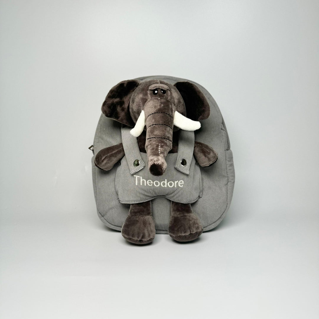 Elephant in grey bag with "Theodore" personalised in cream thread