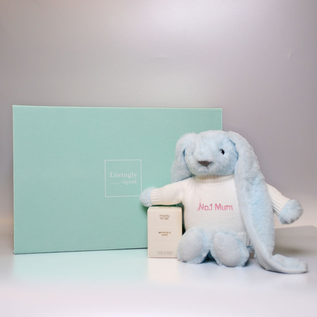 Blue plush bunny toy with 'No.1 Mum' personalisation and Mother x Love Perfum gift set 