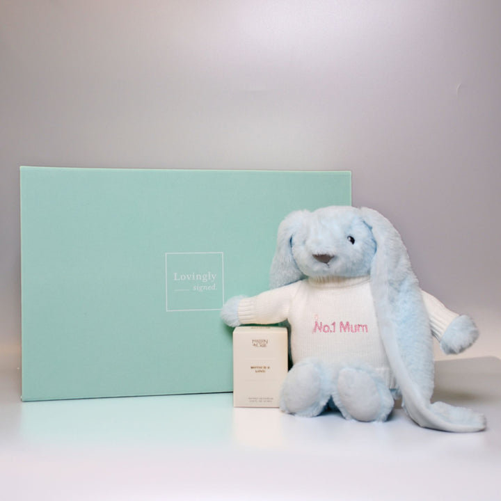 Blue plush bunny toy with 'No.1 Mum' personalisation and Mother x Love Perfum gift set 