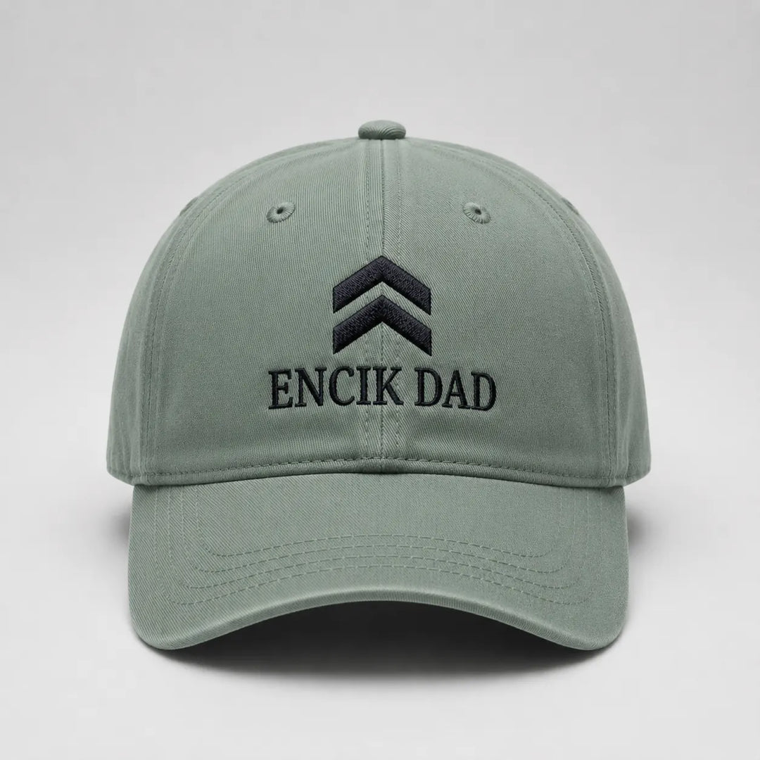 Green cap with 'ENCIK DAD' text on a light gray background