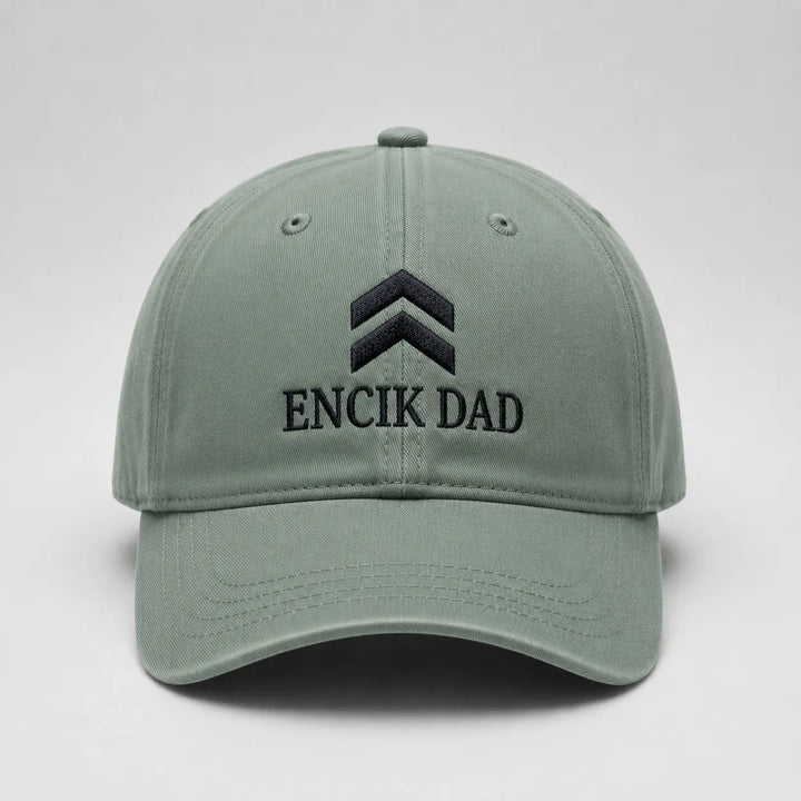 Green cap with 'ENCIK DAD' text on a light gray background