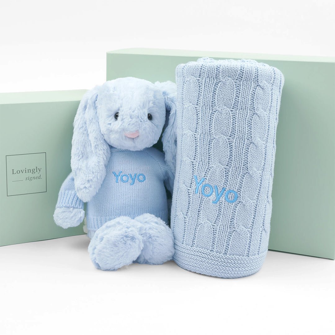 Personalised Essential Bundle Gift Set with Blue Cable Knit Blanket and Blue Jellycat 