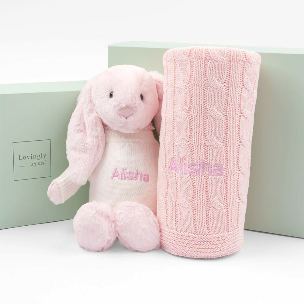 Personalised Essential Bundle Gift Set with Pink Cable Knit Blanket and Pink Jellycat 