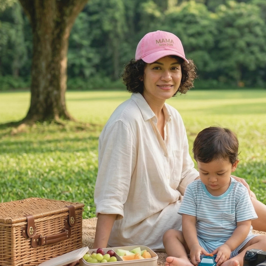Mum wearing her "Mama Since 2026" personalised cap to at a picnic with her child.