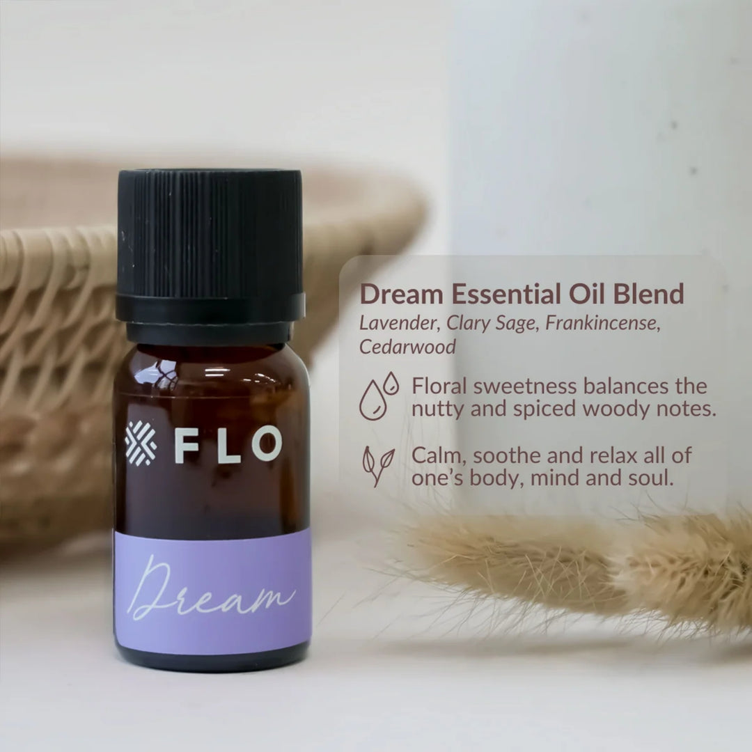 Flo Aroma Dream essential oil blend featuring lavender, clary sage, frankincense and cedarwood, presented with calming aromatherapy benefits.