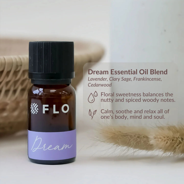 Flo Aroma Dream essential oil blend featuring lavender, clary sage, frankincense and cedarwood, presented with calming aromatherapy benefits.