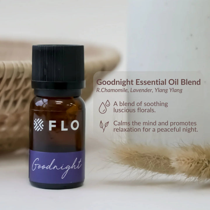 Flo Aroma Goodnight essential oil blend with Roman chamomile, lavender and ylang ylang, designed to promote relaxation for a peaceful night.