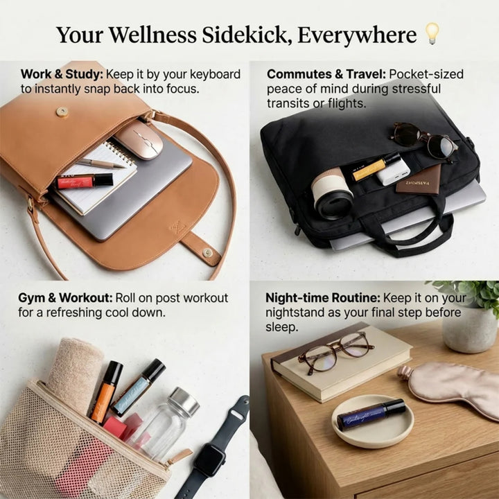 Flo Aroma essential oil roll-ons shown in everyday wellness settings including work, travel, workouts and bedtime routines.