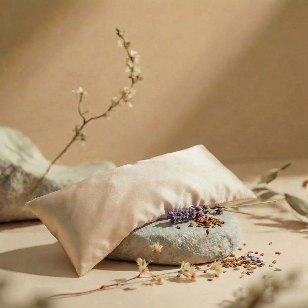 Flo Aroma satin eye pillow styled with lavender, flax seeds and natural botanicals for a calming relaxation ritual.