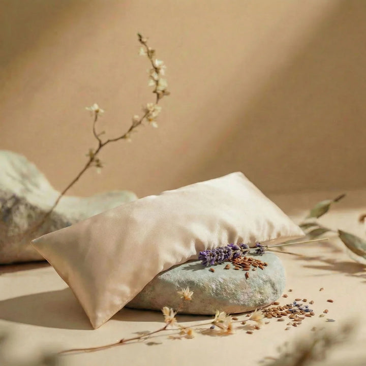 Flo Aroma satin eye pillow styled with lavender, flax seeds and natural botanicals for a calming relaxation ritual.