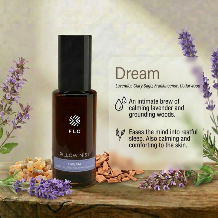 Flo Aroma Dream Pillow Mist featuring lavender, clary sage, frankincense and cedarwood, presented with calming scent notes for restful sleep.