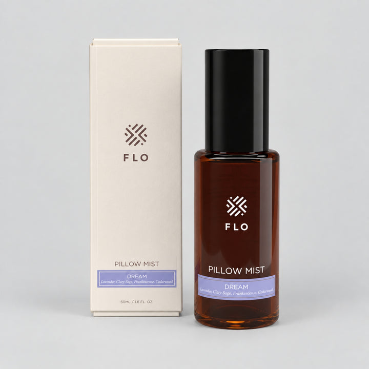 Flo Aroma Dream Pillow Mist with matching box, featuring lavender, clary sage, frankincense and cedarwood.