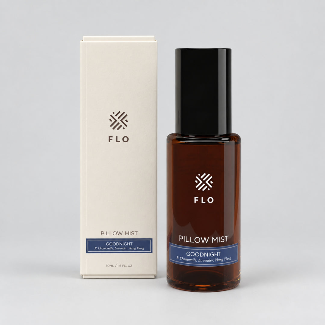 Flo Aroma Goodnight Pillow Mist bottle with matching box, featuring Roman chamomile, lavender and ylang ylang.