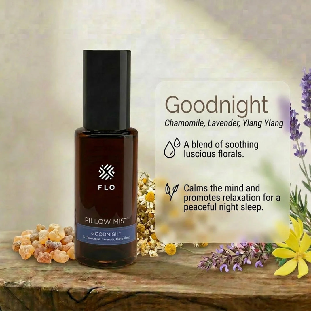 Flo Aroma Goodnight Pillow Mist with chamomile, lavender and ylang ylang, presented with calming floral scent notes for bedtime relaxation.
