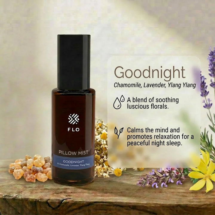 Flo Aroma Goodnight Pillow Mist with chamomile, lavender and ylang ylang, presented with calming floral scent notes for bedtime relaxation.