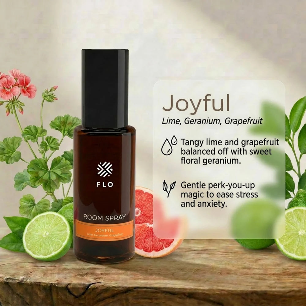 Flo Aroma Joyful Room Spray with lime, geranium and grapefruit, presented with fresh citrus and floral scent notes.
