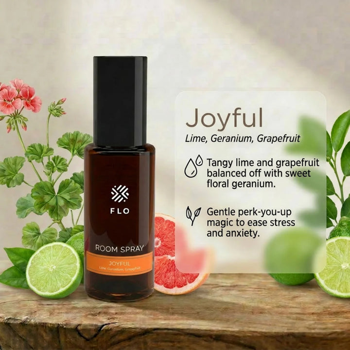 Flo Aroma Joyful Room Spray with lime, geranium and grapefruit, presented with fresh citrus and floral scent notes.