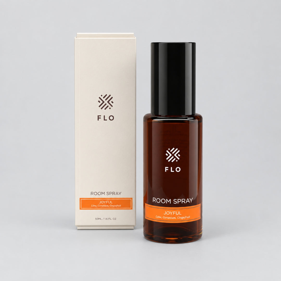 Flo Aroma Joyful Room Spray with matching box, featuring lime, geranium and grapefruit.