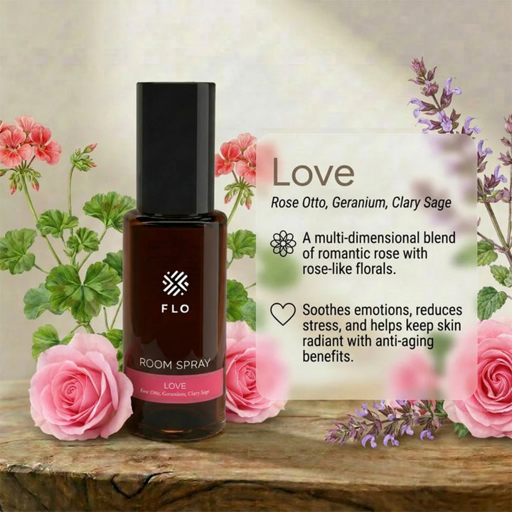 Flo Aroma Love Room Spray with rose otto, geranium and clary sage, presented with romantic floral scent notes.