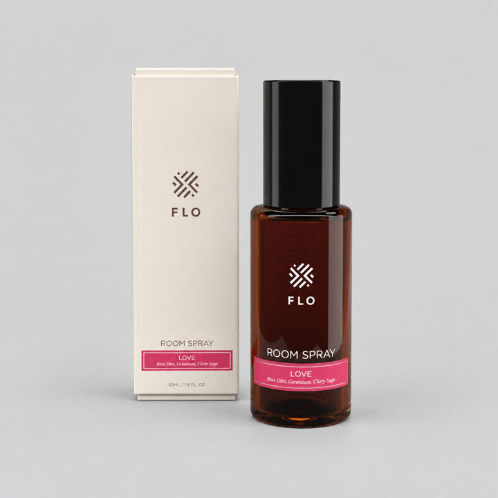 Flo Aroma Love Room Spray with matching box, featuring rose otto, geranium and clary sage.