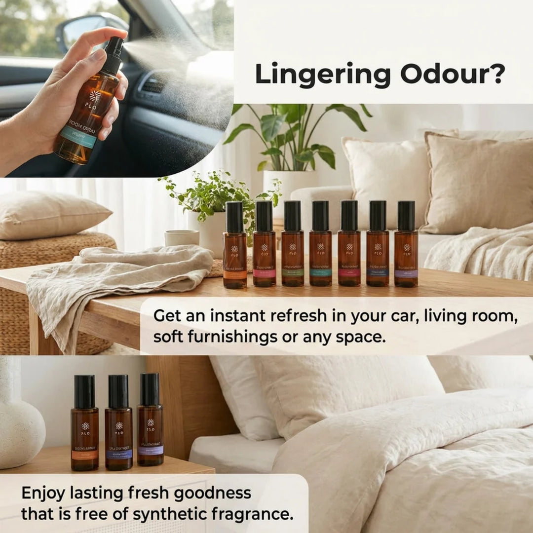 Flo Aroma room and pillow sprays shown for refreshing cars, living spaces and soft furnishings with long-lasting fragrance.