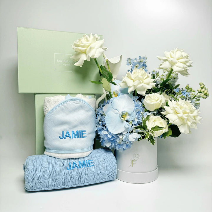 Floral Arrangement by The Florte bundled with Lovingly Signed's Personalised Hooded Towel and Cable Knit Blanket 